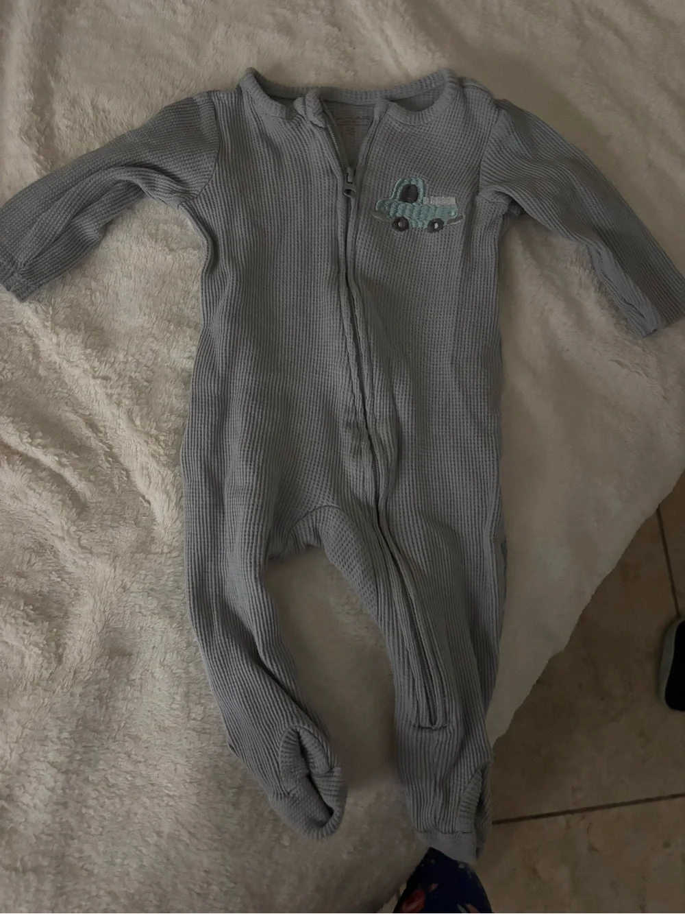 Baby Blue Waffle-Knit Footed One-Piece with Truck Embroidery
